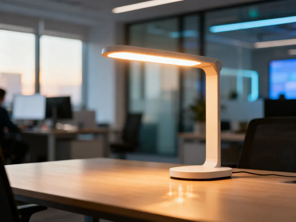 Nowoczesna lampa biurkowa LED emitująca ciepłe światło na minimalistycznym biurku w biurze typu open space.