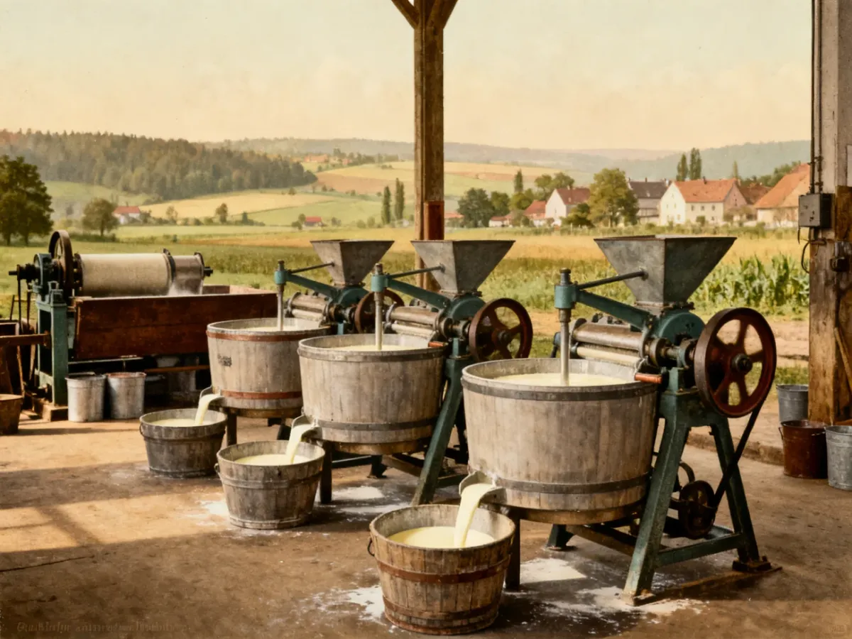 Historyczna fabryka Miele z dawnymi maselnicami i wirówkami do mleka