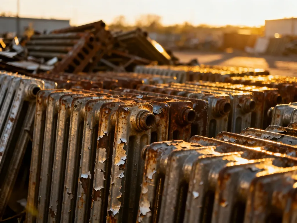 Sterta starych, zardzewiałych żeliwnych grzejników przygotowanych do recyklingu na złomowisku.