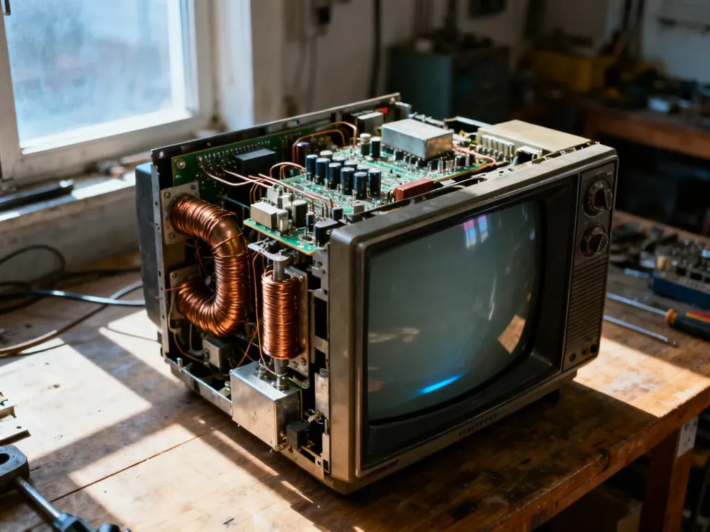 Wnętrze rozebranego telewizora kineskopowego z widocznymi układami elektronicznymi i cewkami na drewnianym stole warsztatowym.
