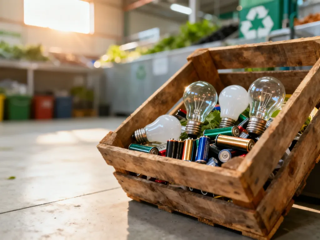 Drewniany pojemnik z zużytymi bateriami i żarówkami na tle nowoczesnego punktu recyklingu.
