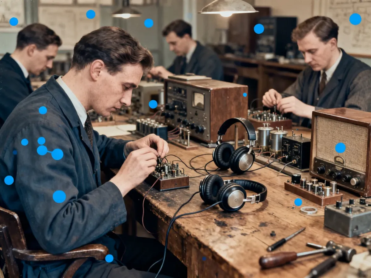 Zabytkowy berliński warsztat elektroniki z technikiem sprawdzającym słuchawki i podzespoły radiowe