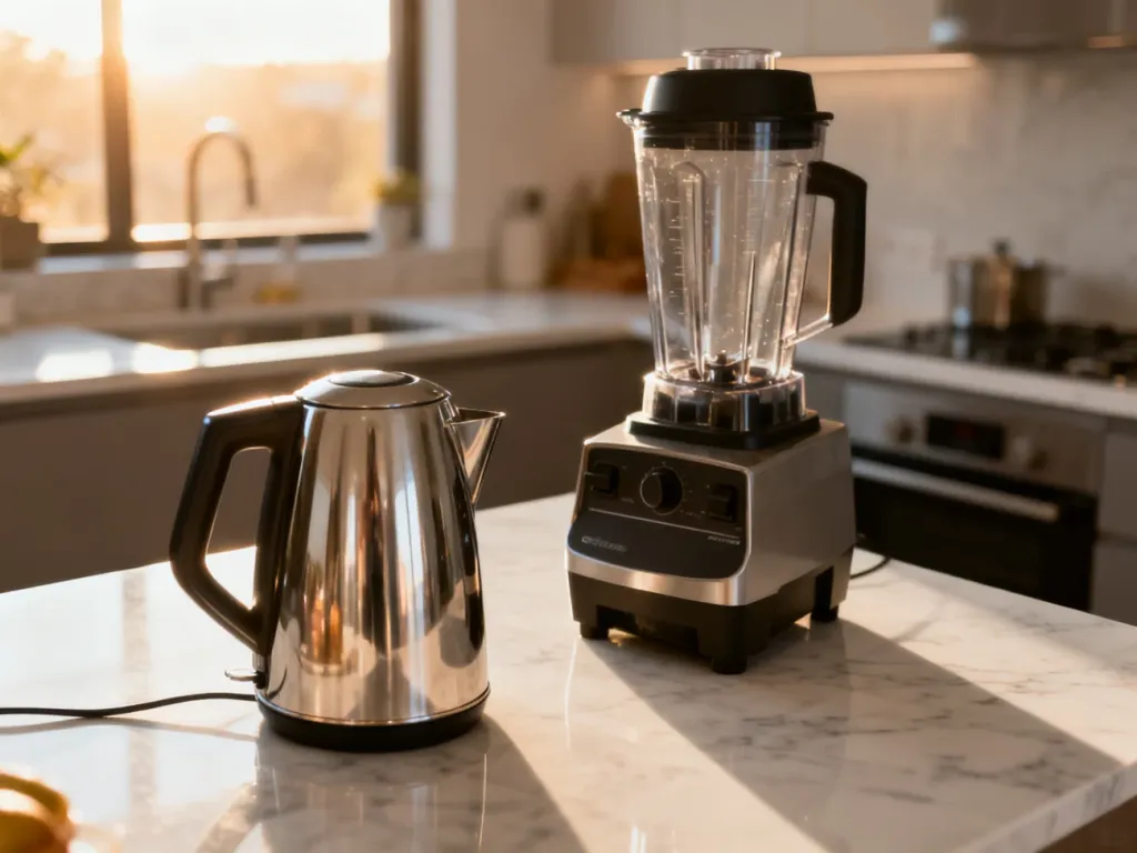 Nowoczesny czajnik elektryczny i blender na marmurowym blacie w jasnej, minimalistycznej kuchni.