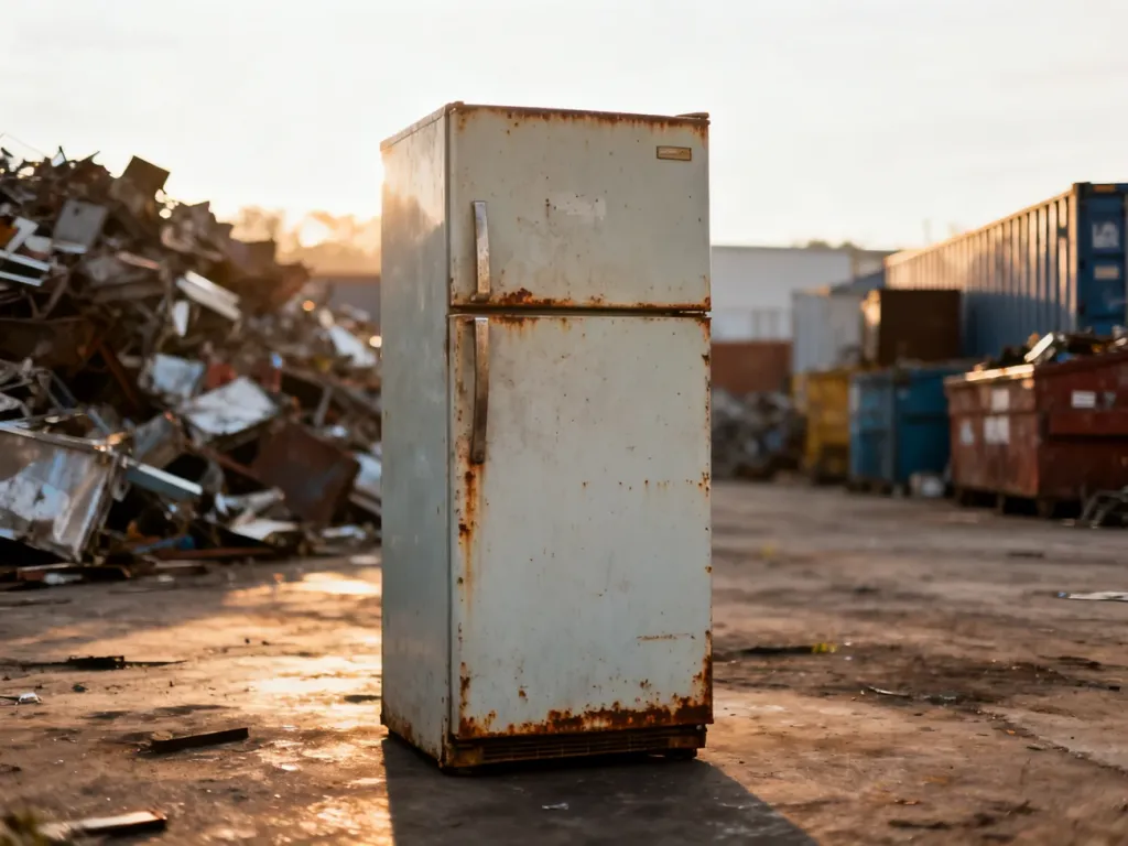 Stara, zardzewiała lodówka na placu zakładu recyklingu, oczekująca na profesjonalną utylizację odpadów.