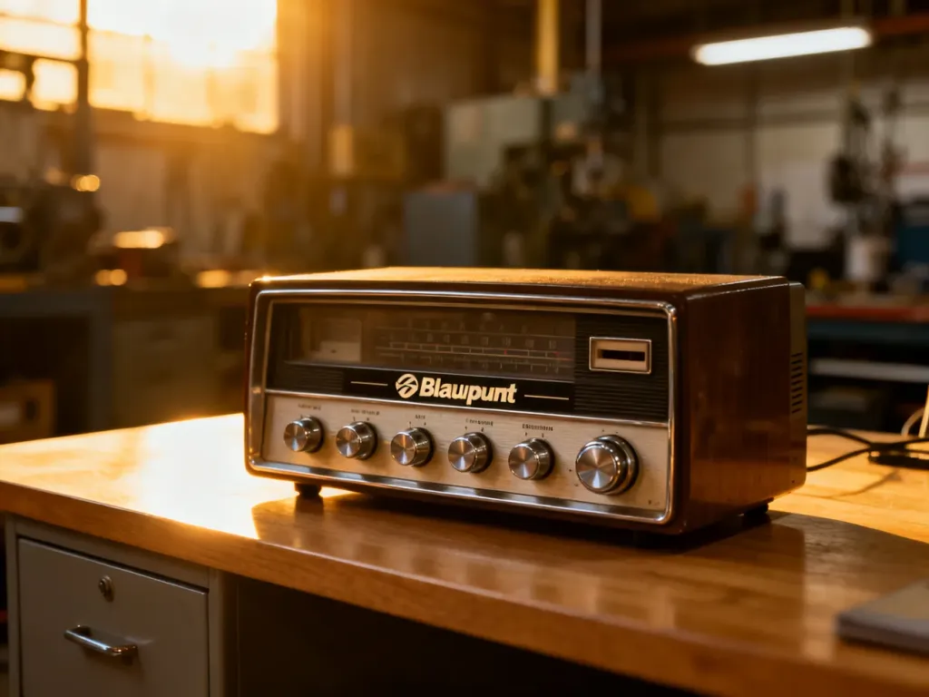 Klasyczne radio samochodowe Blaupunkt z lat 70. ustawione na drewnianym biurku w ciepłym świetle.