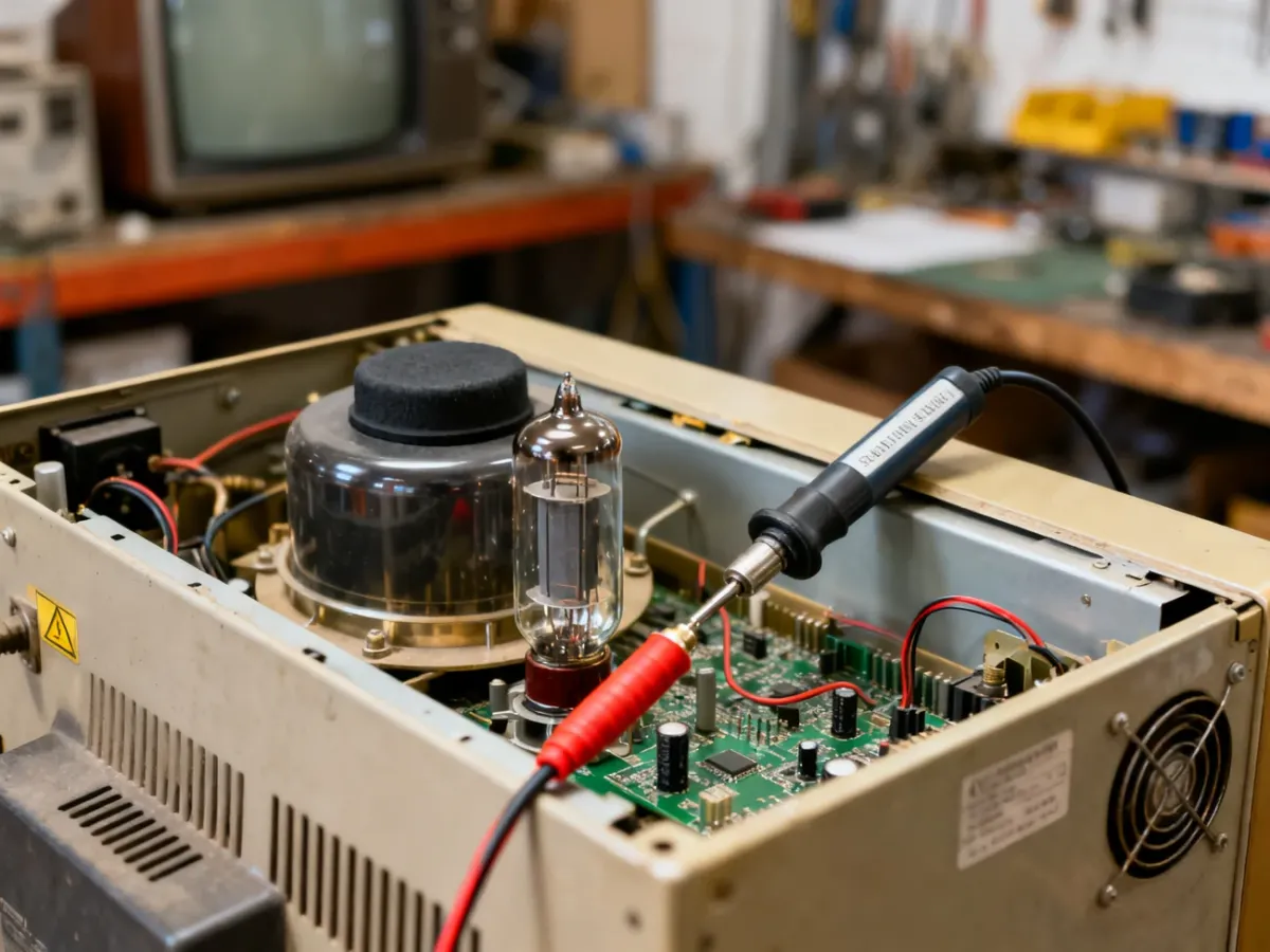 Serwisant bezpiecznie przygotowujący rozładowanie kineskopu telewizora CRT