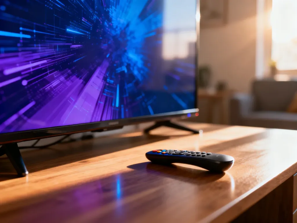 Nowoczesny telewizor LED z pilotem na drewnianym biurku w słonecznym salonie.