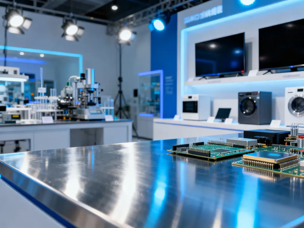 Nowoczesny salon wystawowy marki Sharp z telewizorami i sprzętem AGD oraz elementami technologii półprzewodnikowej w tle.