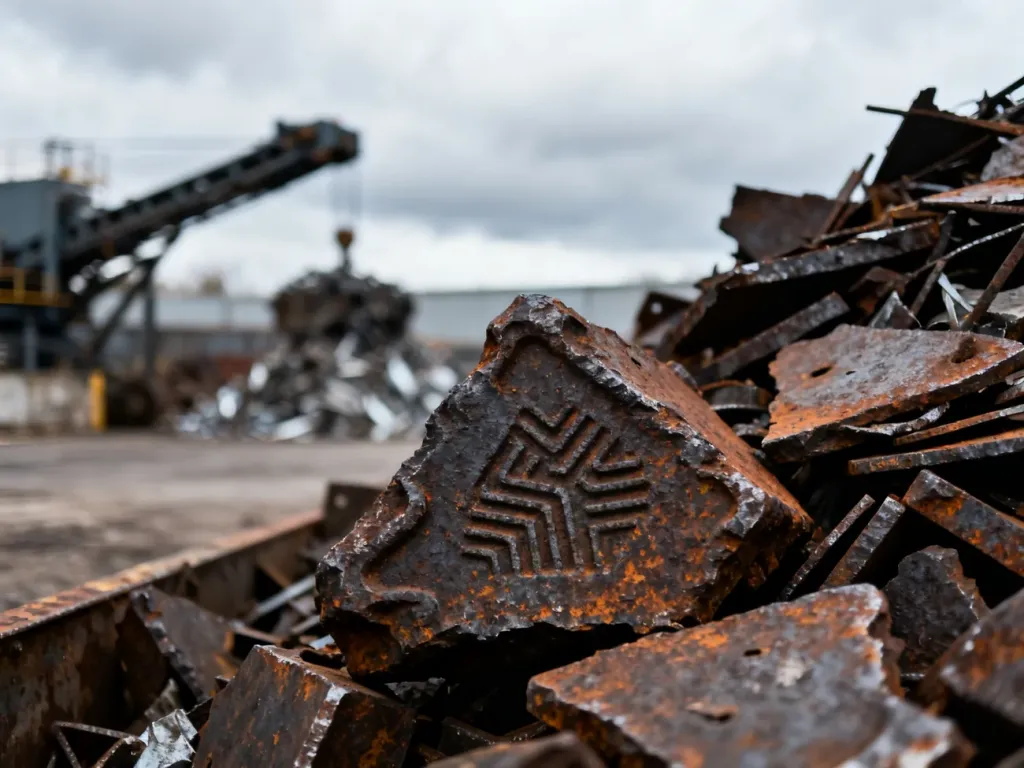 Sterta zardzewiałych fragmentów żeliwa w punkcie skupu złomu, gotowych do recyklingu.