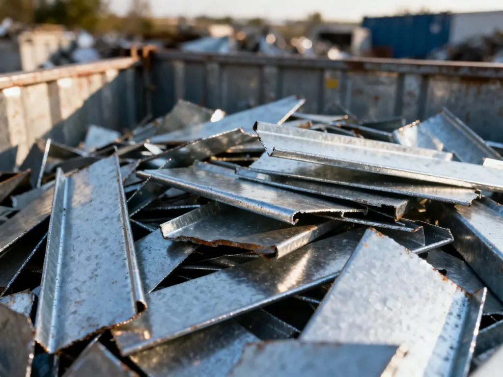 Sterta kawałków złomu cynkowego o zróżnicowanej fakturze, składowana w punkcie recyklingu.