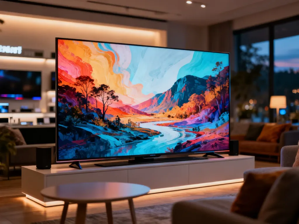 Nowoczesny telewizor TCL 4K z wyraźnym, kolorowym obrazem natury w eleganckim salonie o minimalistycznym wystroju.