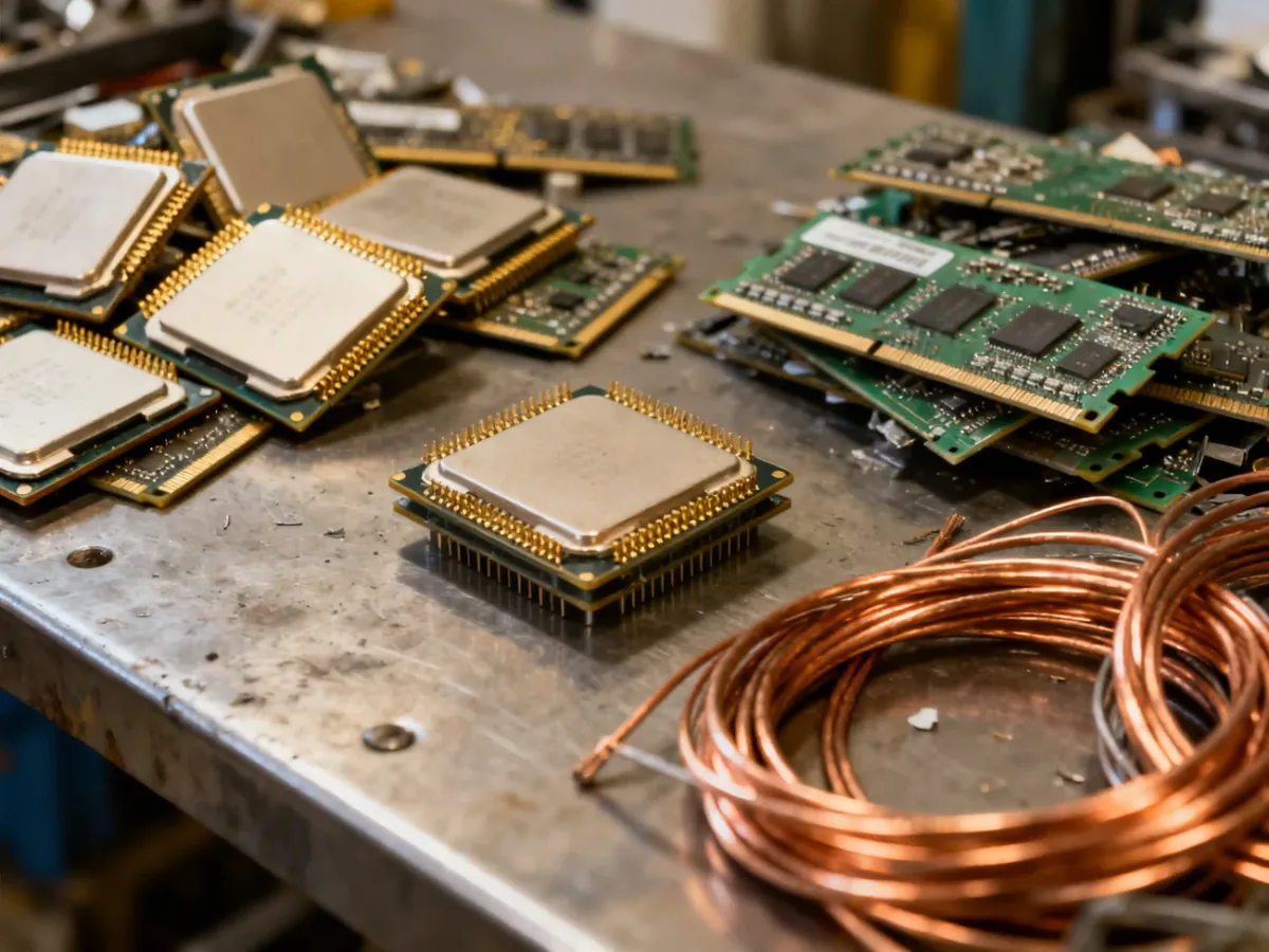 Posegregowane podzespoły elektroniczne z procesorami, pamięcią RAM, płytkami i kablami miedzianymi