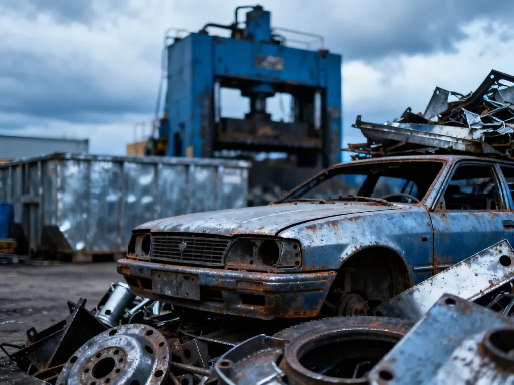 Sterta zardzewiałych części samochodowych na złomowisku, symbolizująca proces recyklingu pojazdów.