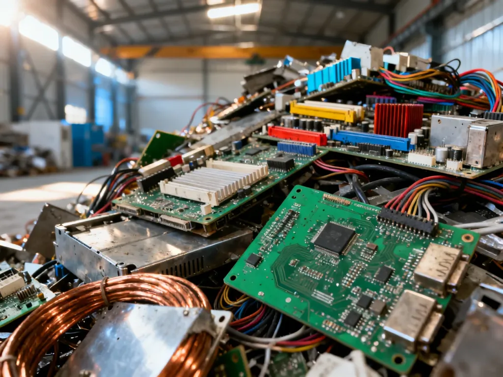 Sterta zużytych podzespołów elektronicznych, płytek drukowanych i kabli miedzianych przygotowanych do skupu złomu.