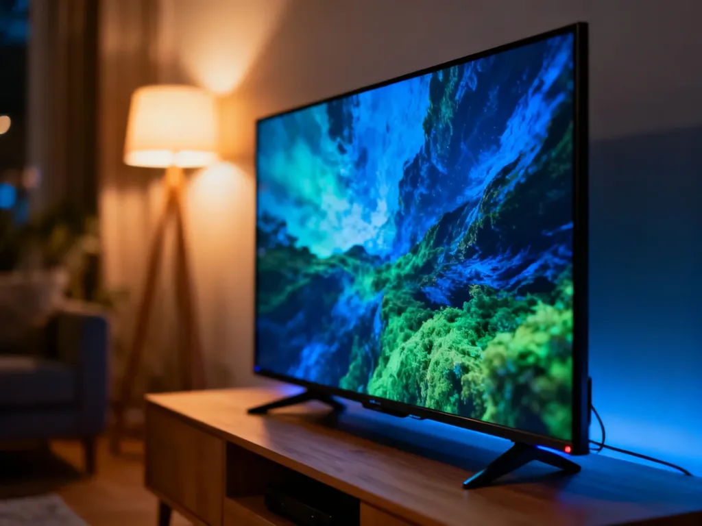 Nowoczesny telewizor Thomson z wyświetlaczem o wysokiej jakości obrazu, ustawiony na drewnianej szafce w przytulnym salonie.