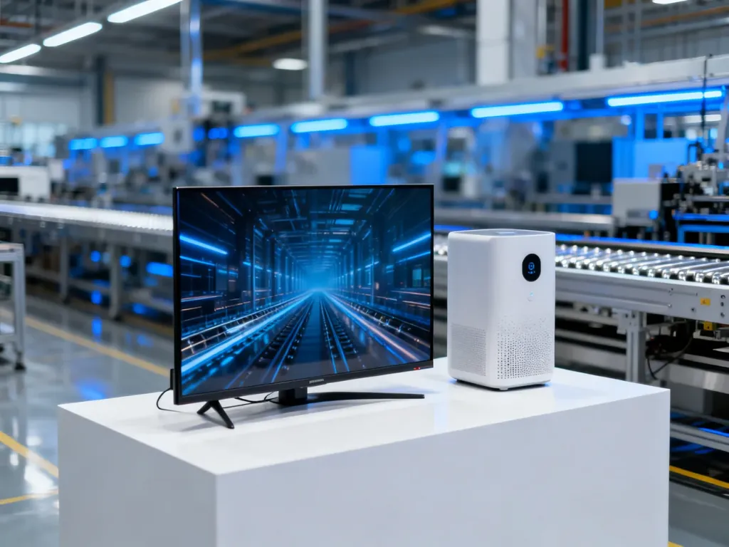 Nowoczesny telewizor LED oraz sprzęt AGD na tle zautomatyzowanej linii produkcyjnej w fabryce Vestel.