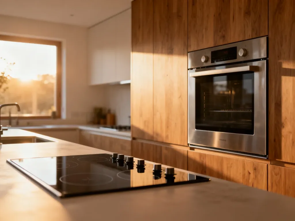 Nowoczesna kuchnia z wbudowanymi sprzętami AGD marki Gorenje, prezentująca elegancki design i funkcjonalność wnętrza.