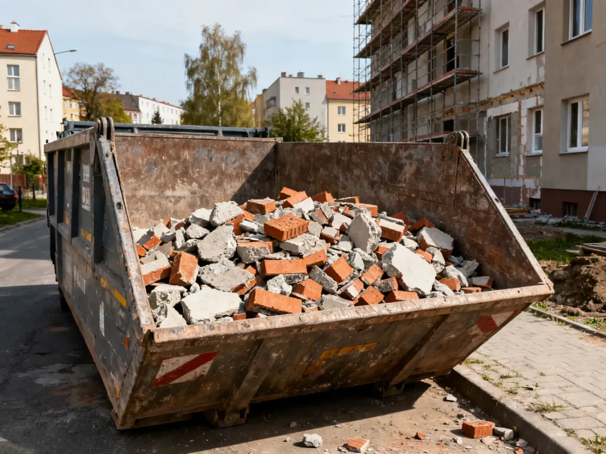 Kontener na gruz przy remontowanym budynku mieszkalnym