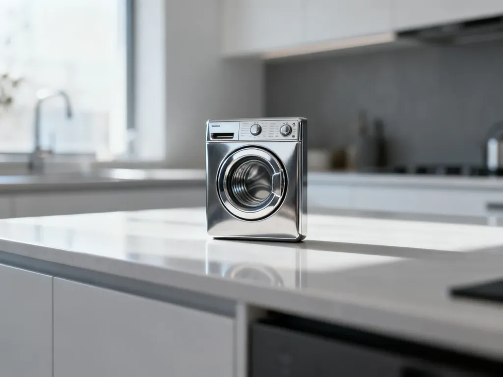Zabytkowe metalowe logo pralki Whirlpool na nowoczesnym blacie kuchennym w minimalistycznym wnętrzu.