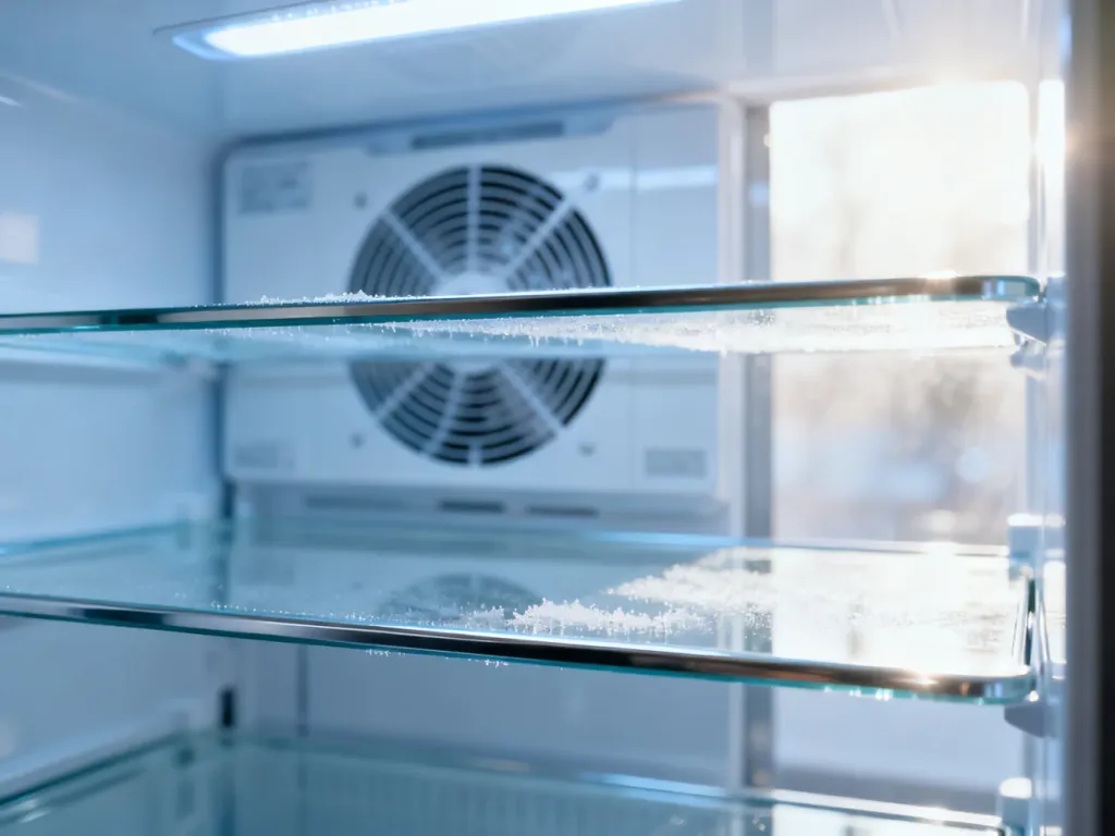 Wnętrze nowoczesnej lodówki z systemem No Frost – czyste półki bez szronu i lodu w jasnym, chłodnym oświetleniu.
