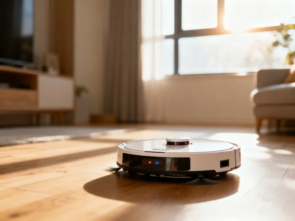 Nowoczesny robot sprzątający poruszający się po jasnym, drewnianym salonie w świetle poranka.
