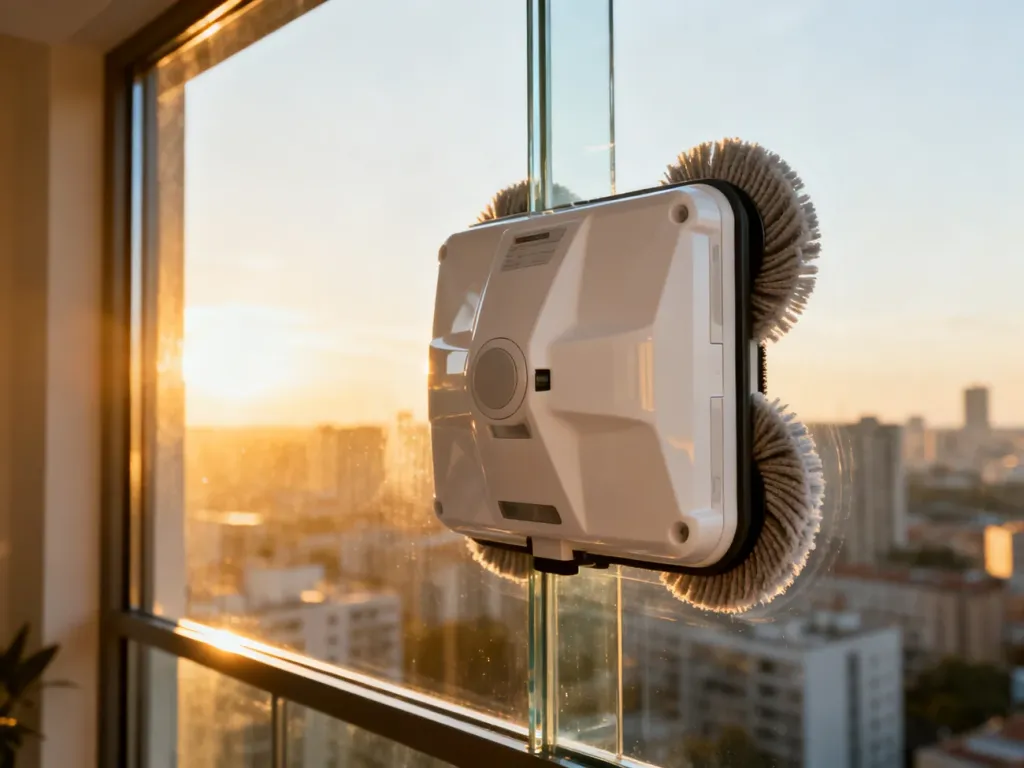 Nowoczesny robot myjący okna czyści szybę w apartamentowcu na tle słonecznego miasta podczas złotej godziny.