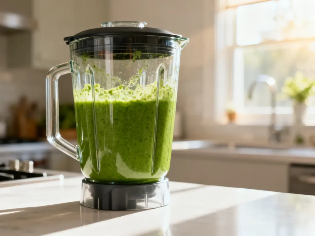 Nowoczesny blender kielichowy z zielonym smoothie na jasnym blacie kuchennym w promieniach porannego słońca.