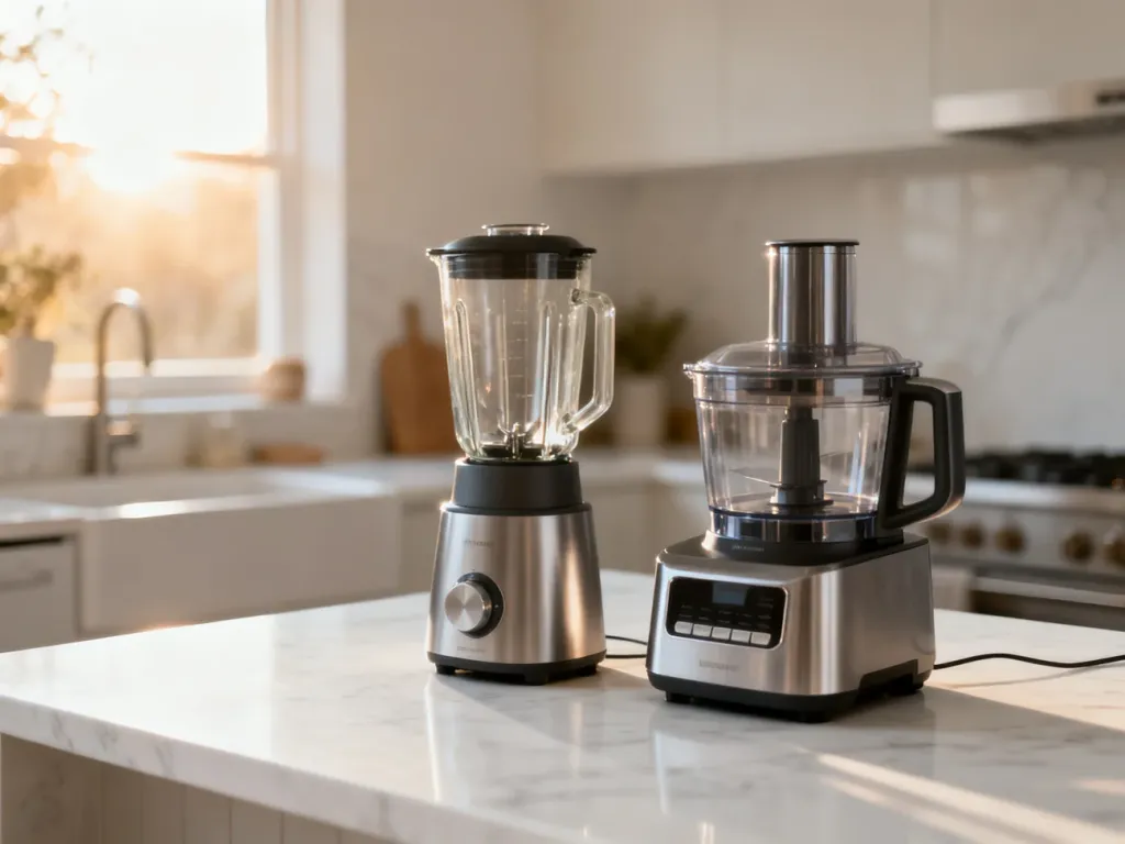 Nowoczesny blender i robot kuchenny marki Zelmer ustawione na marmurowym blacie w jasnej, przytulnej kuchni.
